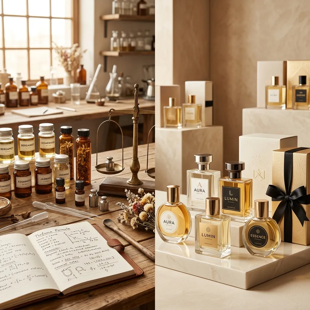 Comparison of OEM and private label perfume bottles on a production bench